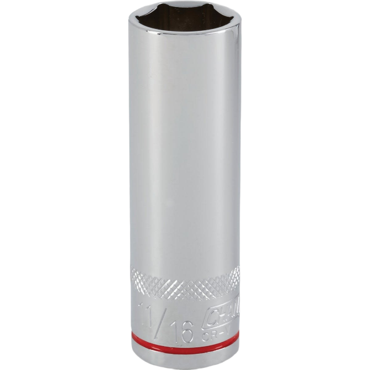 Chrome-plated 6-point deep socket with knurled grip and red color band for easy size identification in hand tools collection