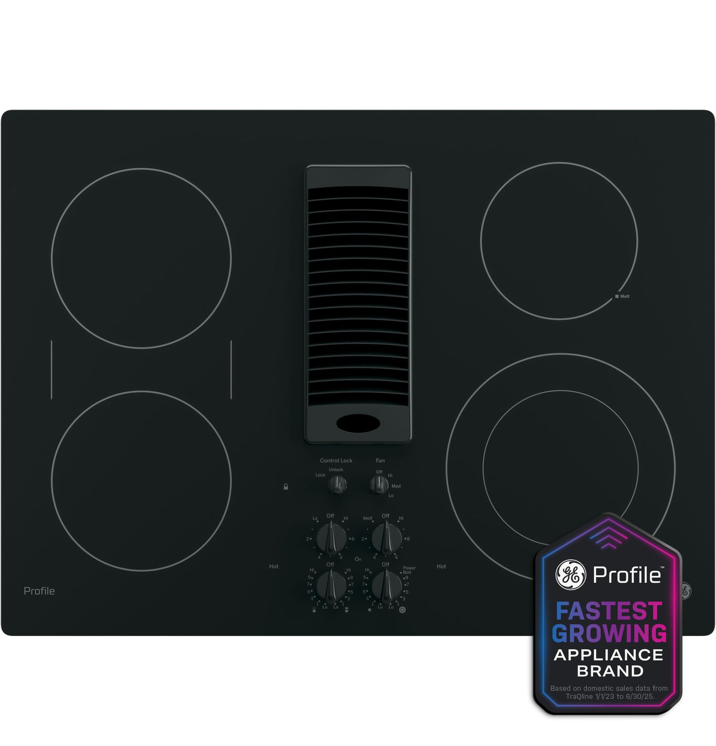 Black electric cooktop with downdraft vent, four burners, and front control knobs from electric cooktops collection
