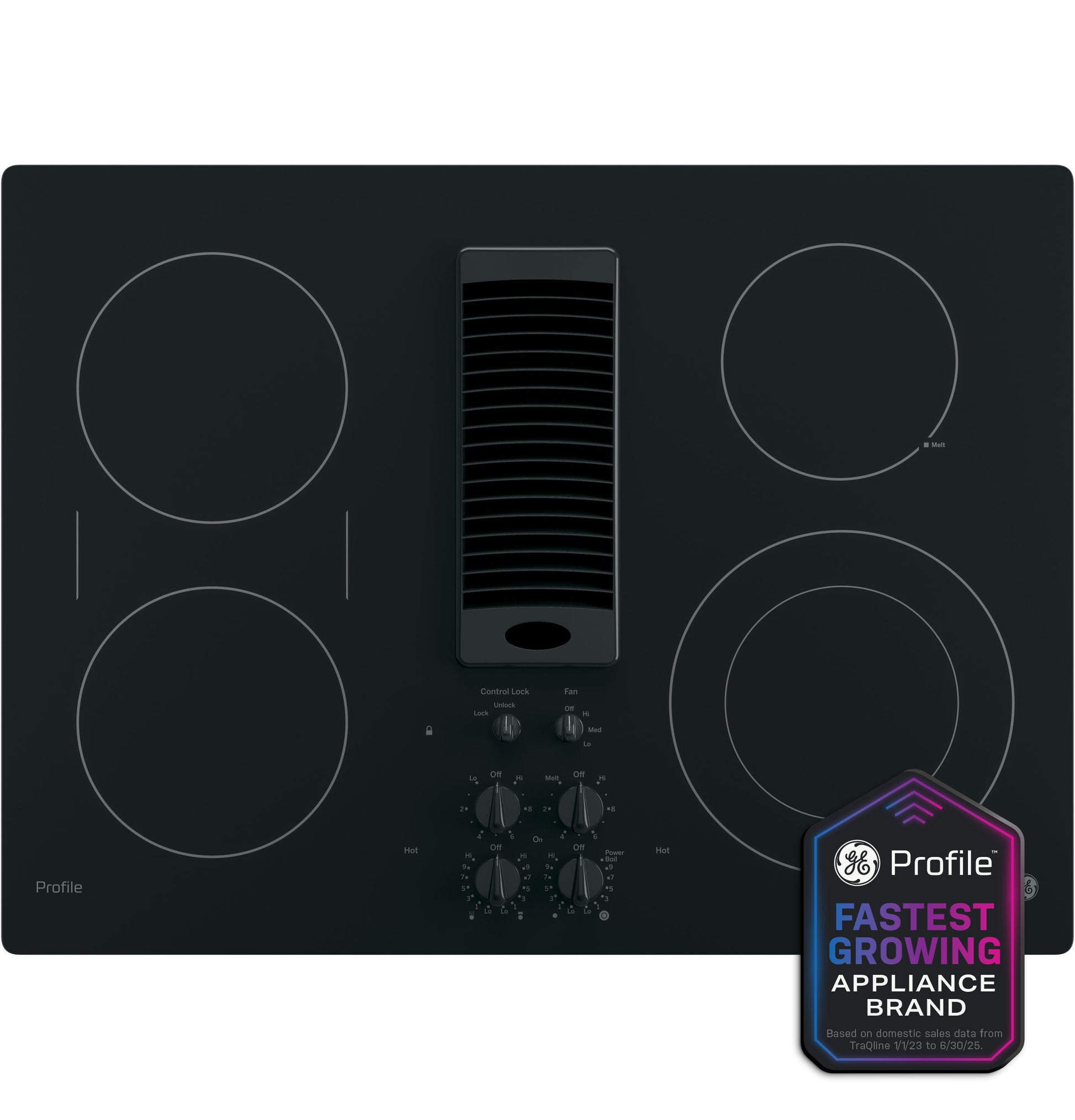 Black electric cooktop with downdraft vent, four burners, and front control knobs from electric cooktops collection