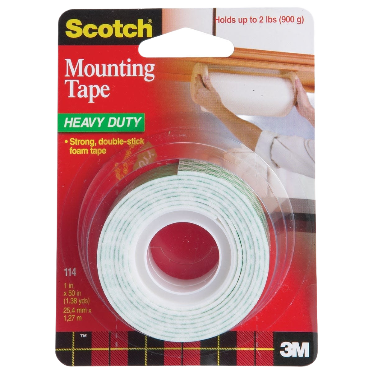 Heavy-duty double-sided foam mounting tape roll in red and black packaging for home improvement and tape collections