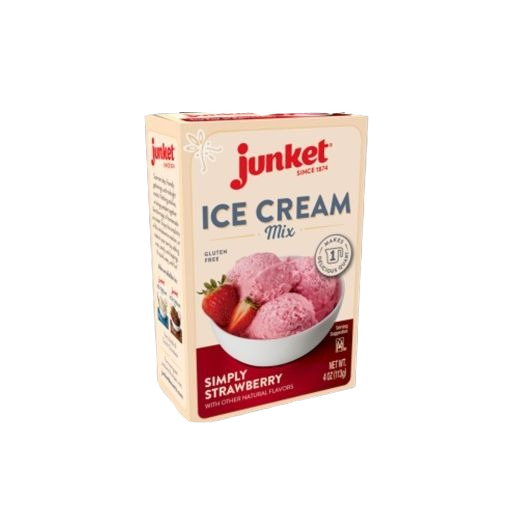 Box of Junket Simply Strawberry gluten free ice cream mix with image of strawberry scoops in bowl in food and beverage collection