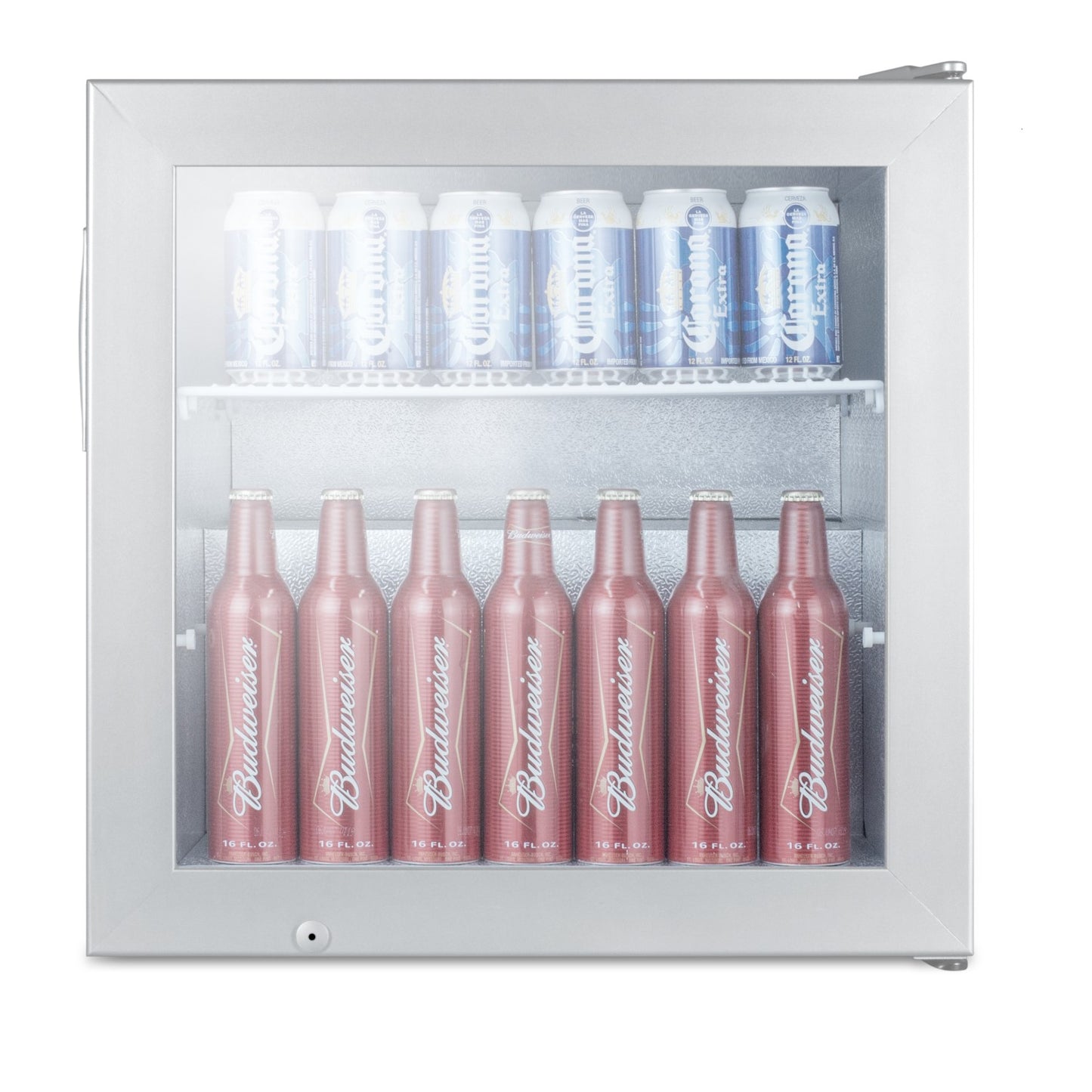 Compact silver beer froster with glass door showing aluminum bottles and cans inside from Freezers & Ice Makers collection