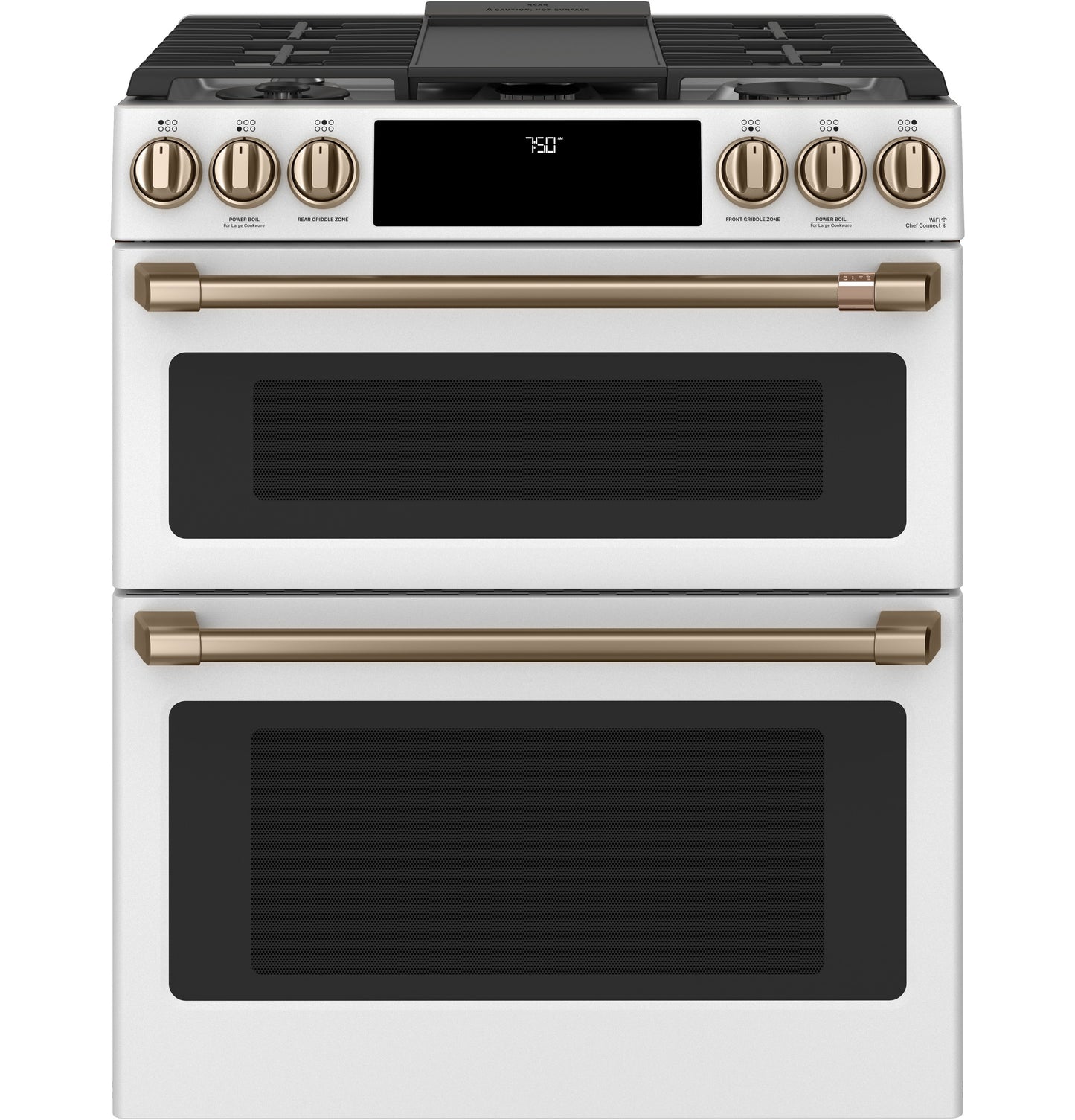 White smart slide-in gas double-oven range with front controls and convection from Ranges & Kitchenware collections