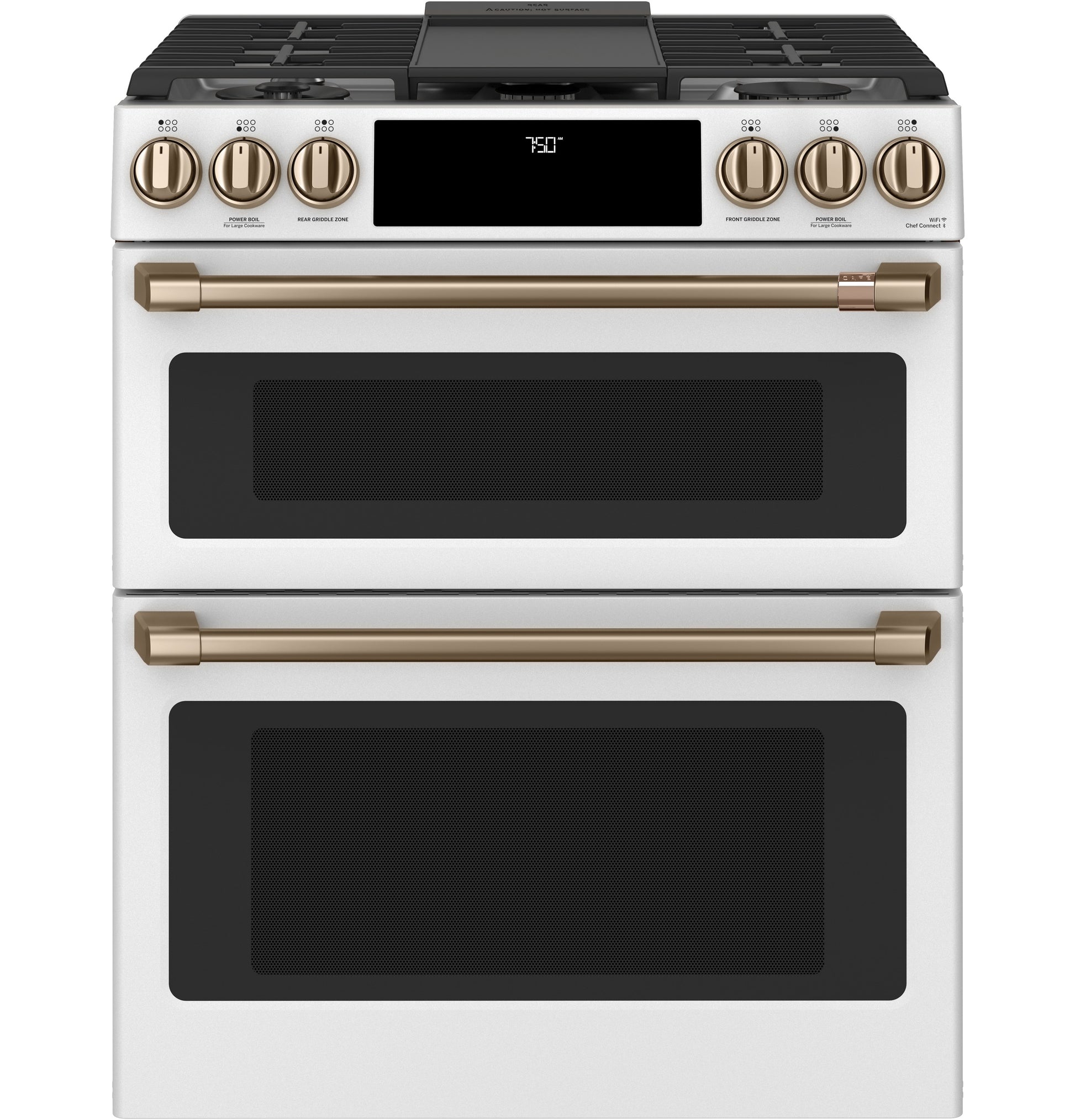 White smart slide-in gas double-oven range with front controls and convection from Ranges & Kitchenware collections