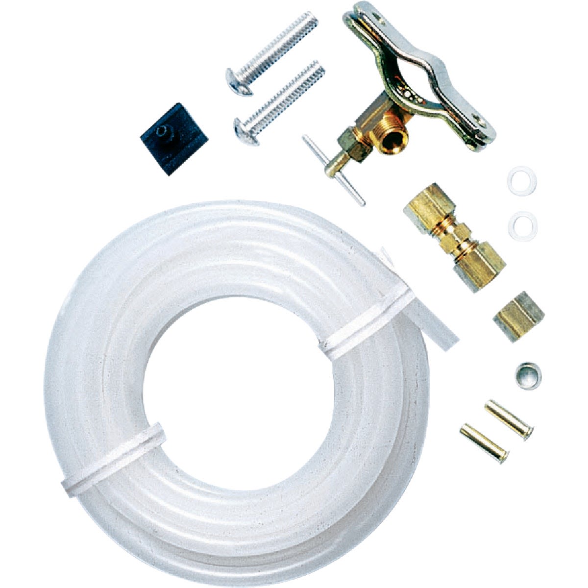 Poly tubing and brass fittings kit for plumbing and home improvement under $50 including shutoff and saddle valves.