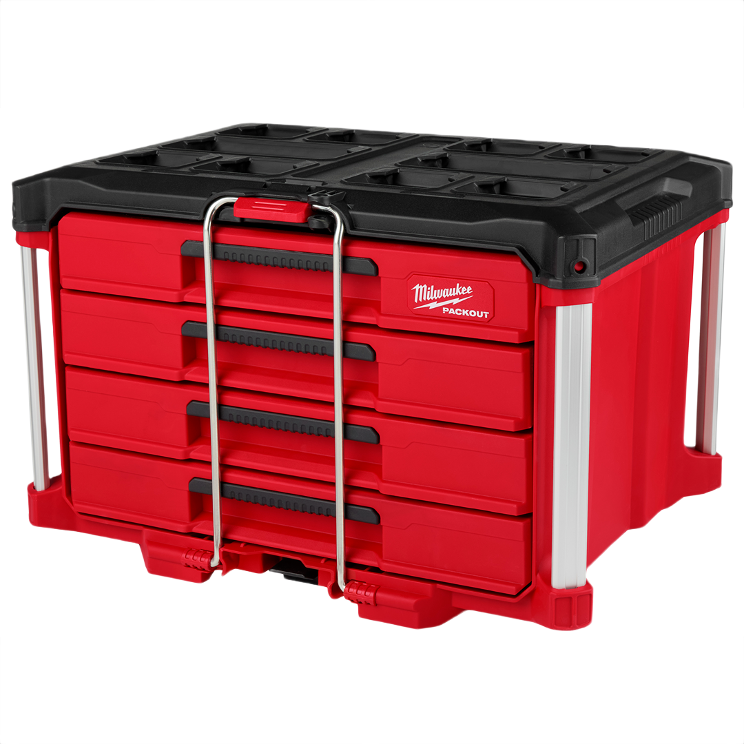 Red and black heavy-duty storage box with four drawers and locking security bar for tool organization and jobsite use
