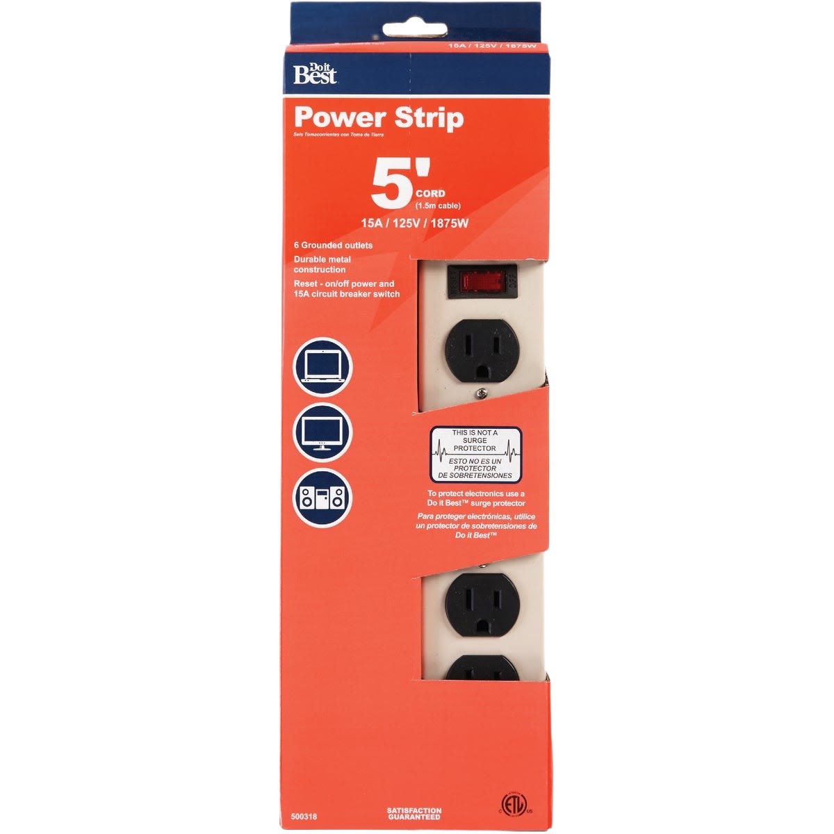 Gray 6-outlet power strip with 5-foot cord, reset switch, and durable metal construction for home improvement tasks