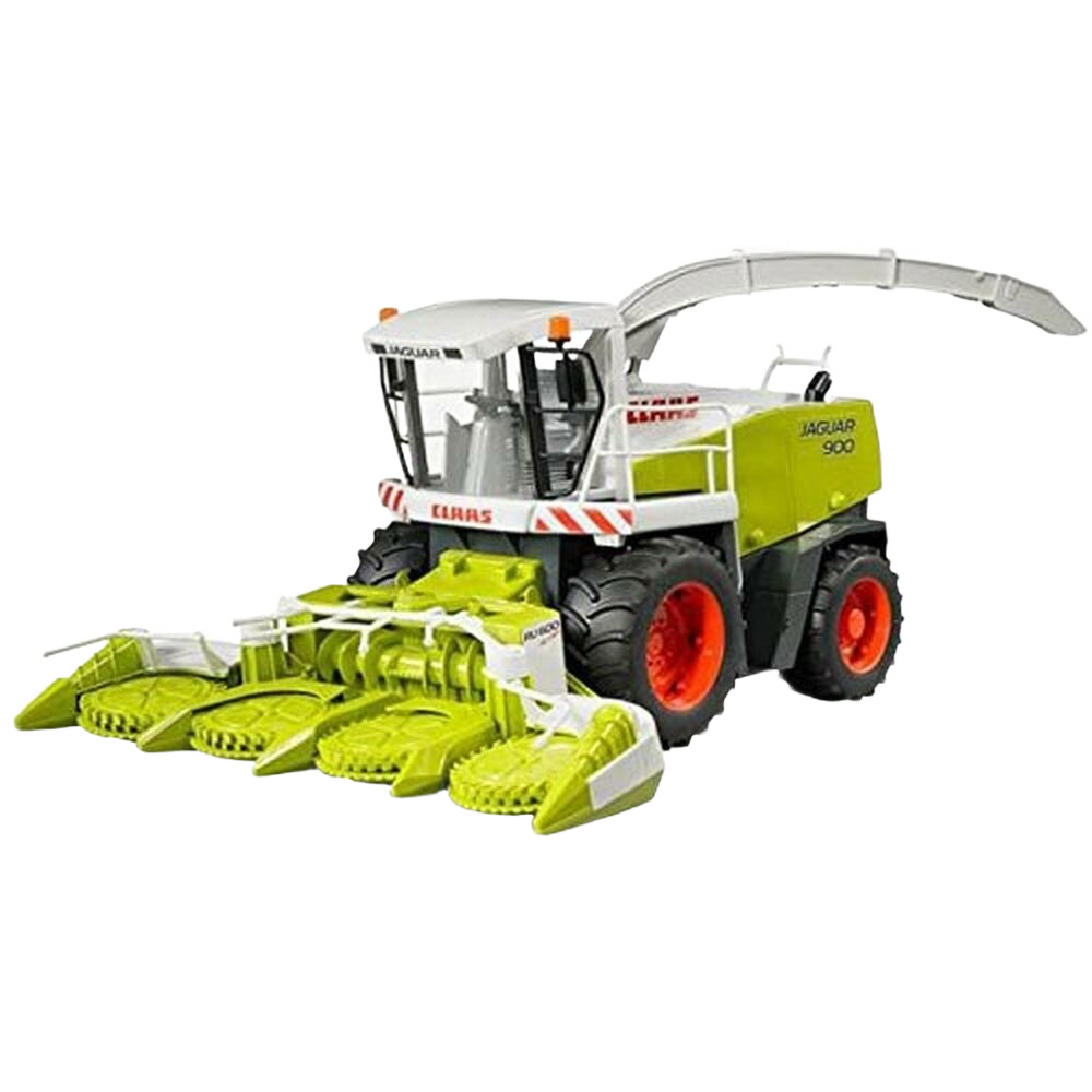 Green and white scale model of a Claas Jaguar 900 field chopper with red wheels and detailed harvesting header