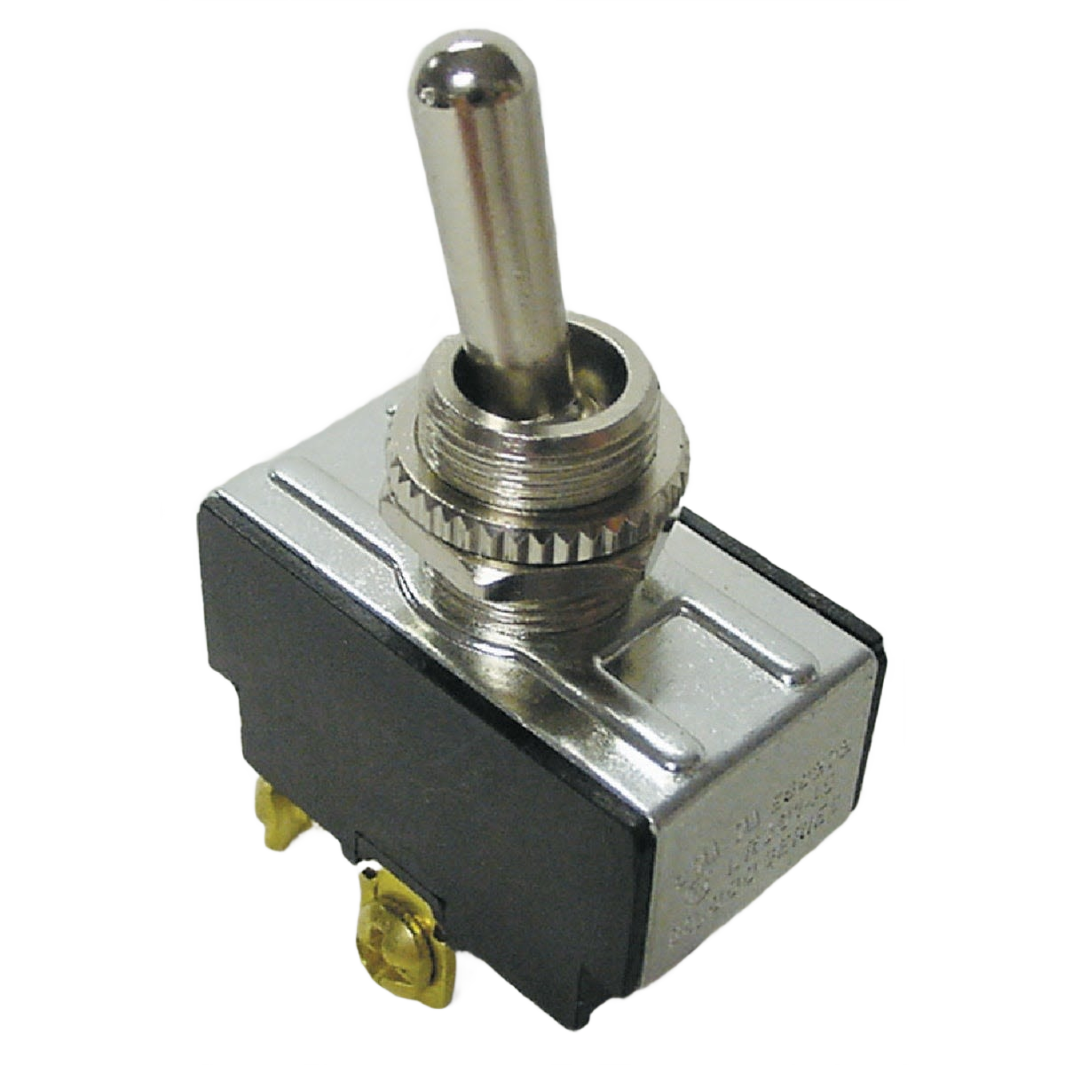 Metal toggle lever switch with threaded collar and brass terminal screws for electrical and home improvement use