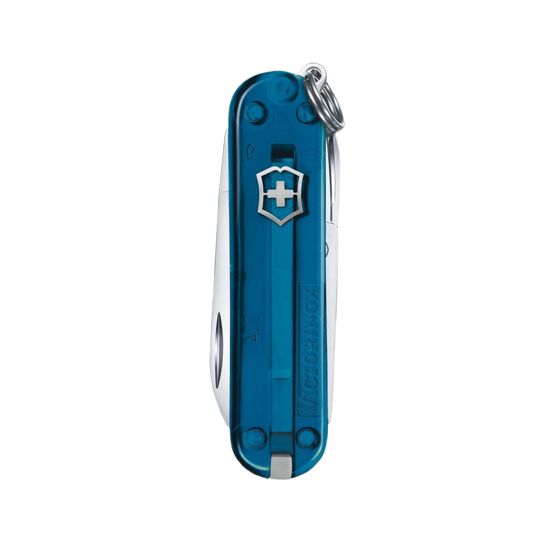Transparent blue pocket knife with keyring and Victorinox emblem for everyday tools and home improvement tasks