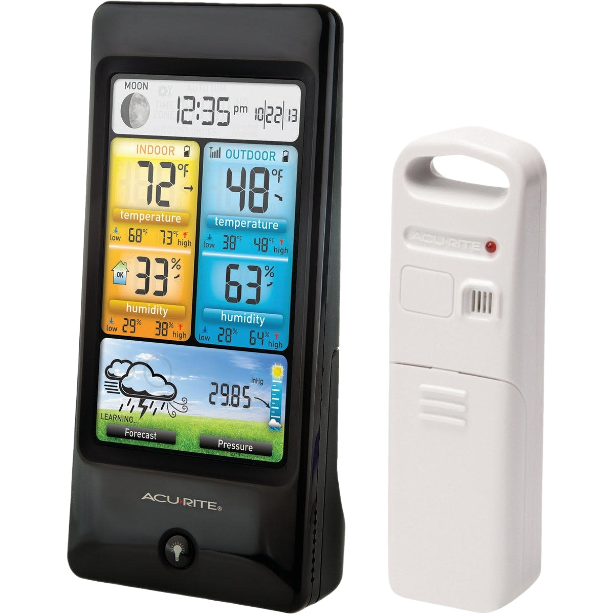 Digital weather station with colorful display showing indoor and outdoor temperature, humidity, and weather forecast for home use