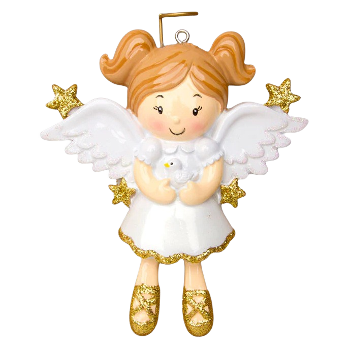 Blonde angel girl ornament with gold glitter accents holding a white dove for Christmas tree decoration