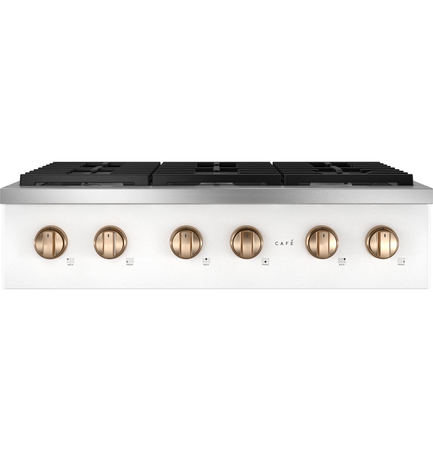 White commercial-style rangetop with six bronze control knobs and black cast iron grates in Cooktops and Gas Ranges collections
