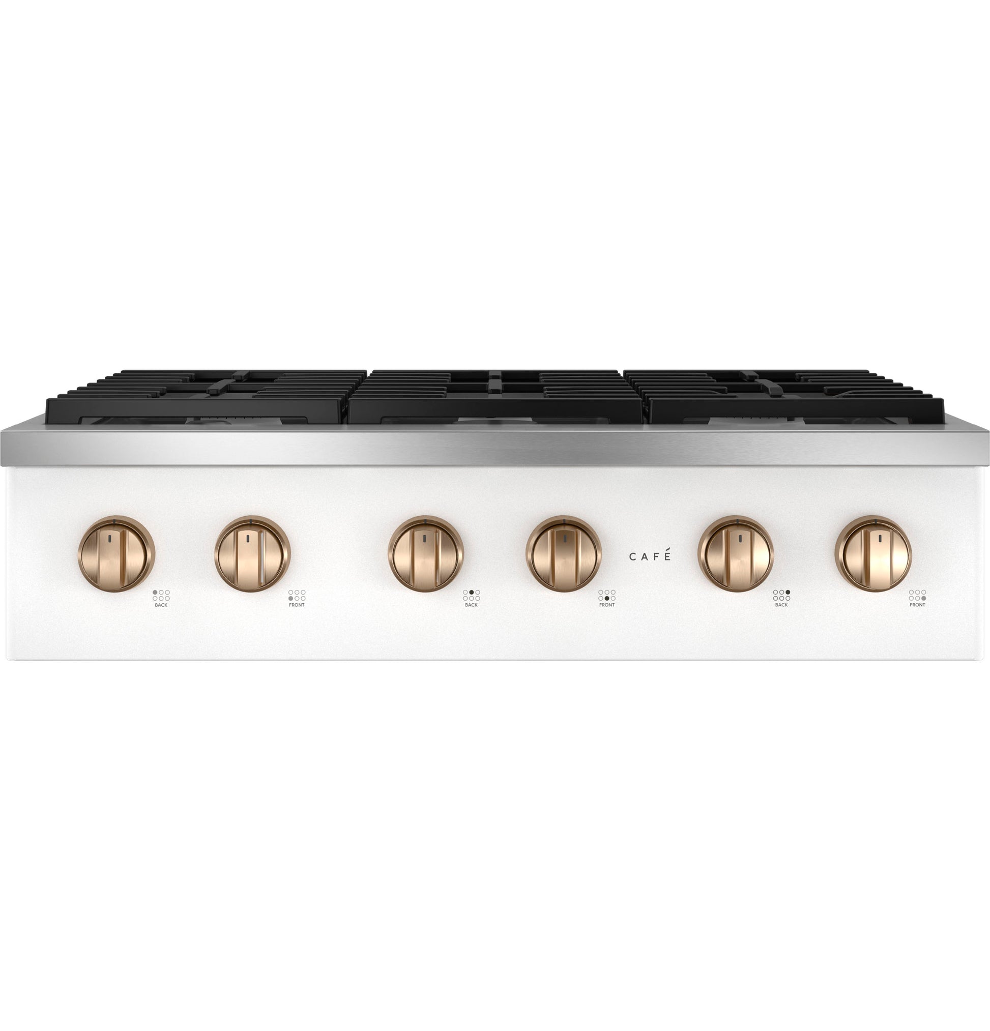White commercial-style rangetop with six bronze control knobs and black cast iron grates in Cooktops and Gas Ranges collections