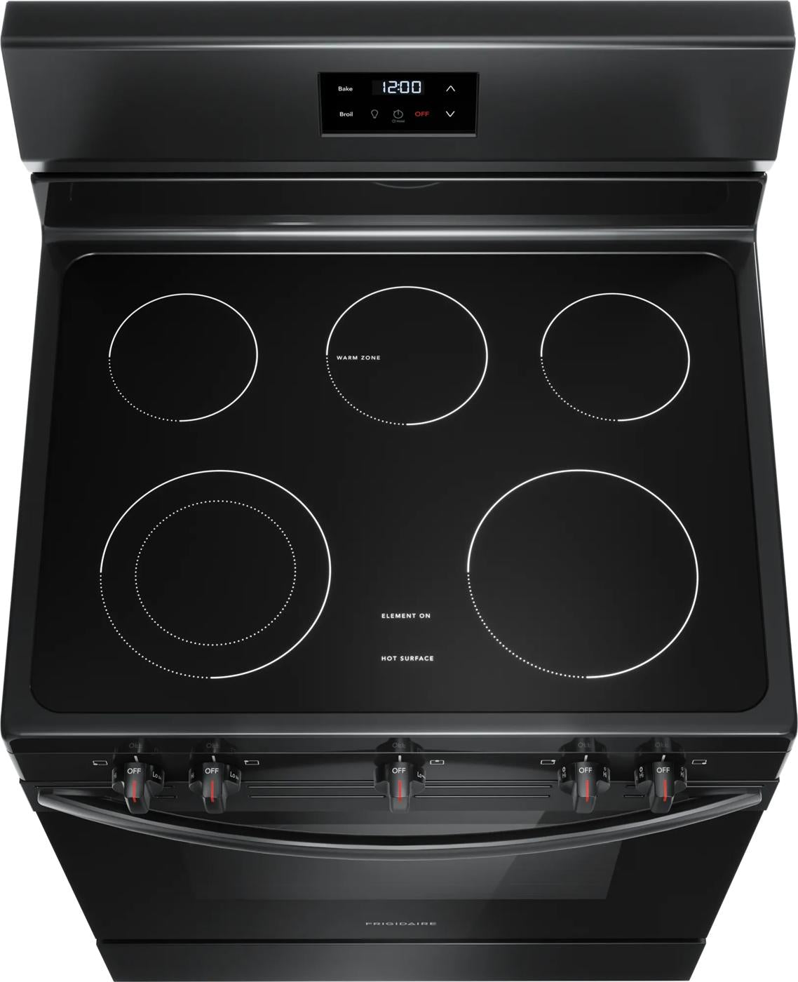 Smooth black electric range cooktop with five heating zones and digital control panel for kitchen appliance collections
