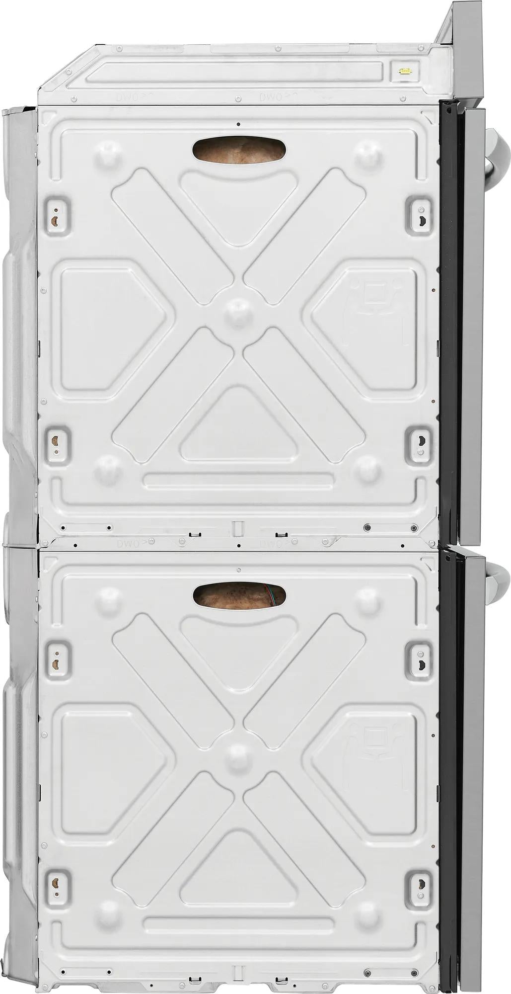 Back view of a white double electric wall oven unit showing metal panels and structural design from Double Wall Ovens collection