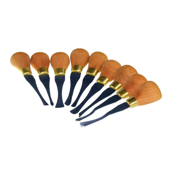 Set of nine woodworking carving tools with cherry wood handles for carving and pyrography in woodworking tools collections