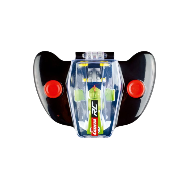 Compact mini remote control featuring a clear cockpit design and black body with bright red control buttons