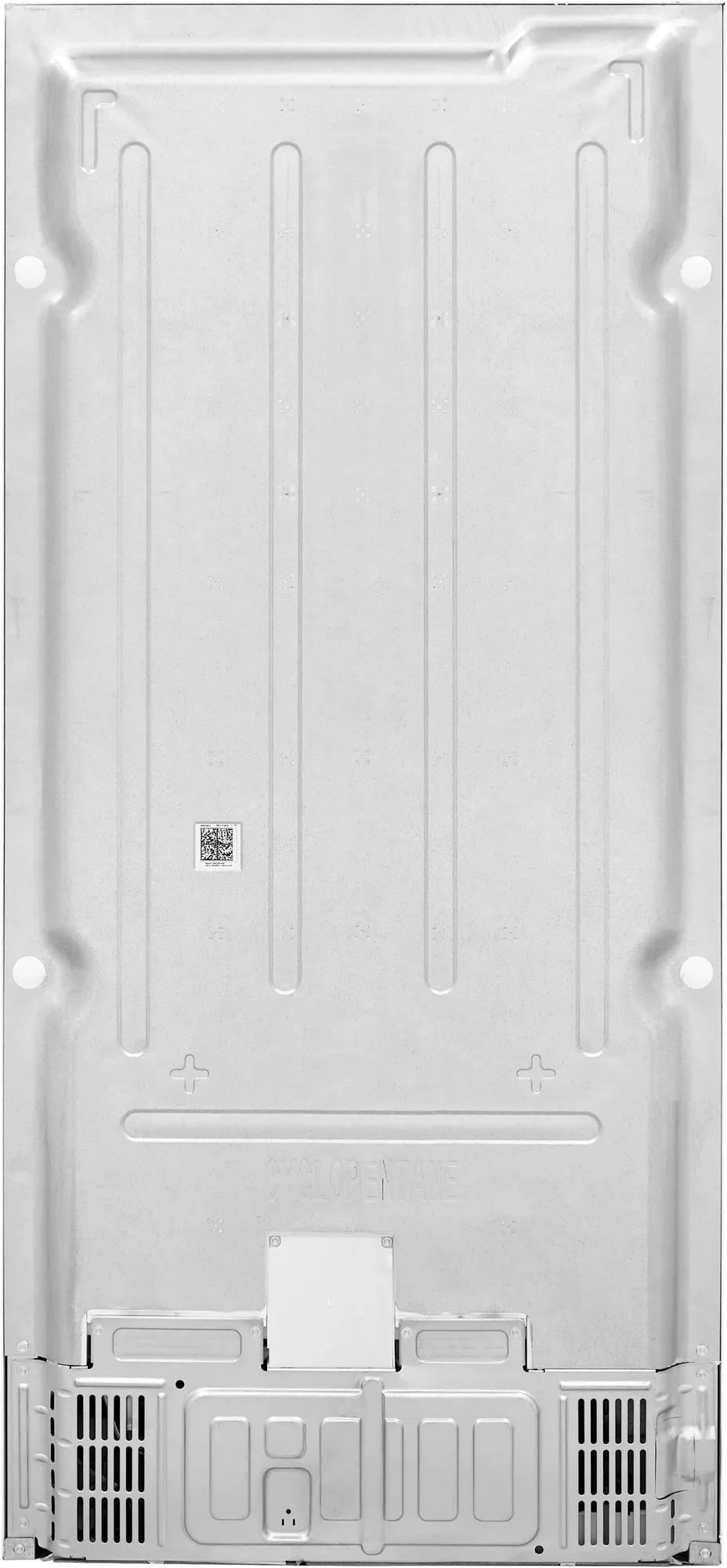 Back view of white metal upright freezer panel with ventilation grilles and structural ridges for appliance use.