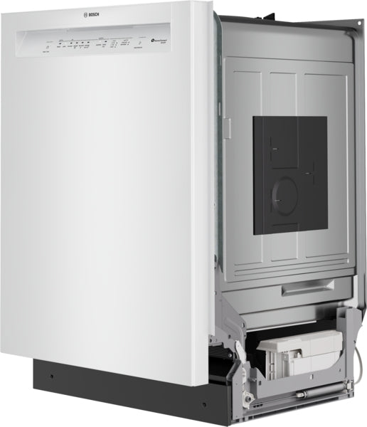 Partially assembled white 24-inch dishwasher showing inner components and appliance exterior panel in kitchenware category