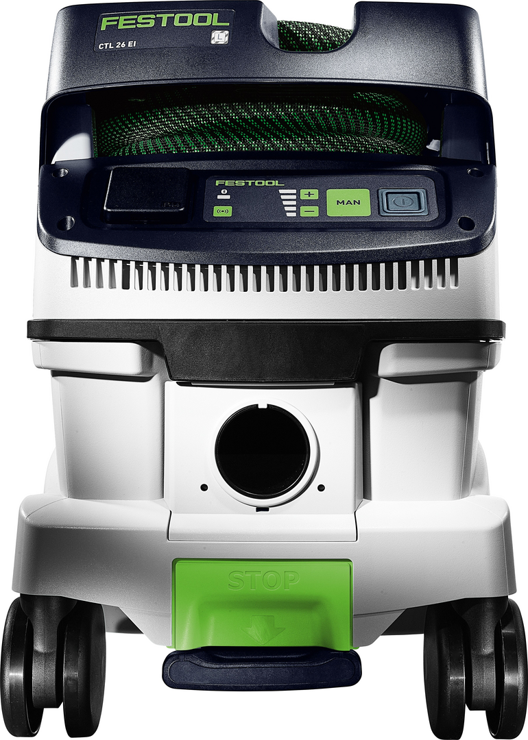 Compact Festool dust extractor with digital controls and green hose for woodworking tools and air filtration collections