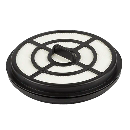 Round black framed HEPA filter with white pleated material for dust collection and air filtration in woodworking tools