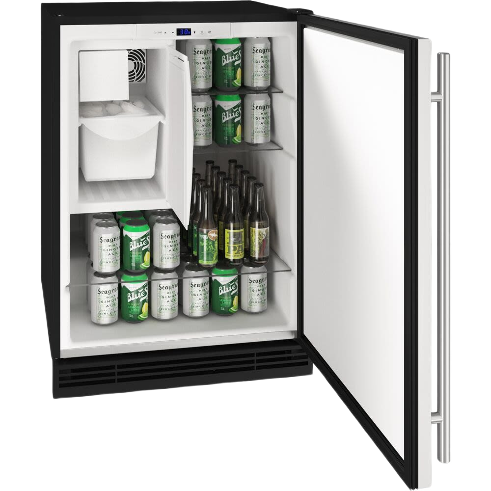 24-inch 1000 Series refrigerator and ice maker combo with reversible hinge, stocked with cans and bottles from appliances collection
