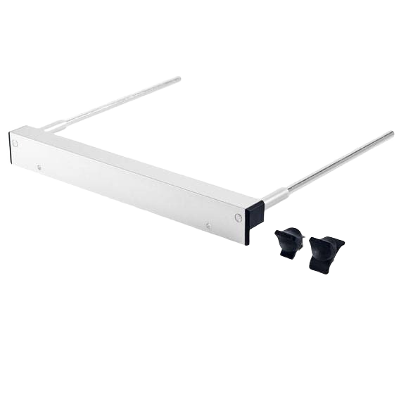 Silver parallel guide rail with black end caps and two adjustment knobs for saw accessories and power tool use