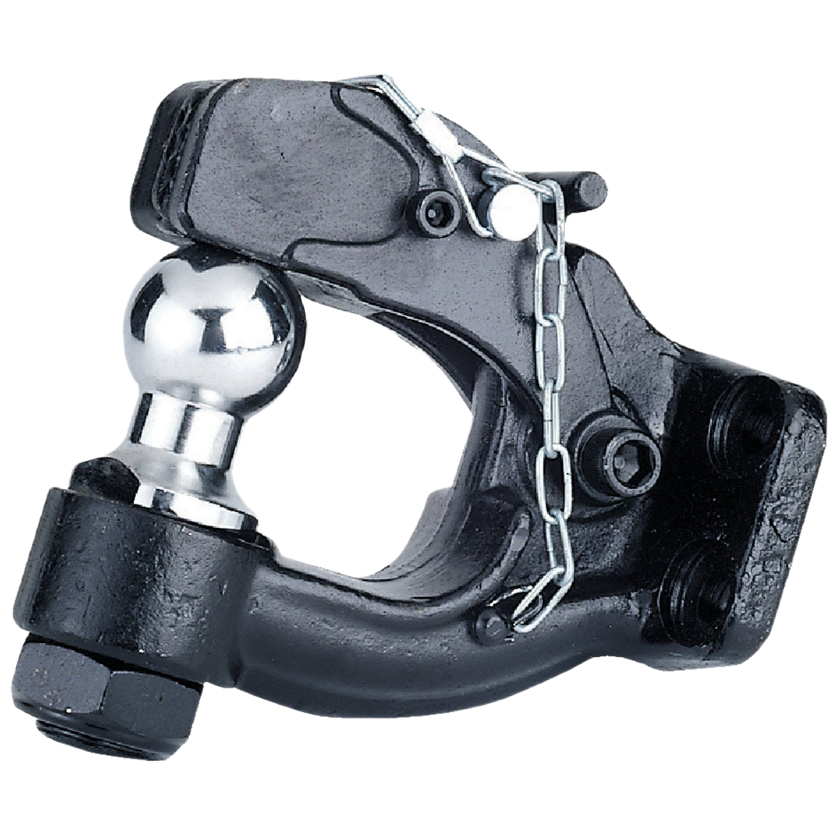 Black metal pintle hook with attached silver towing ball and safety chain for heavy-duty towing in home improvement tools collections