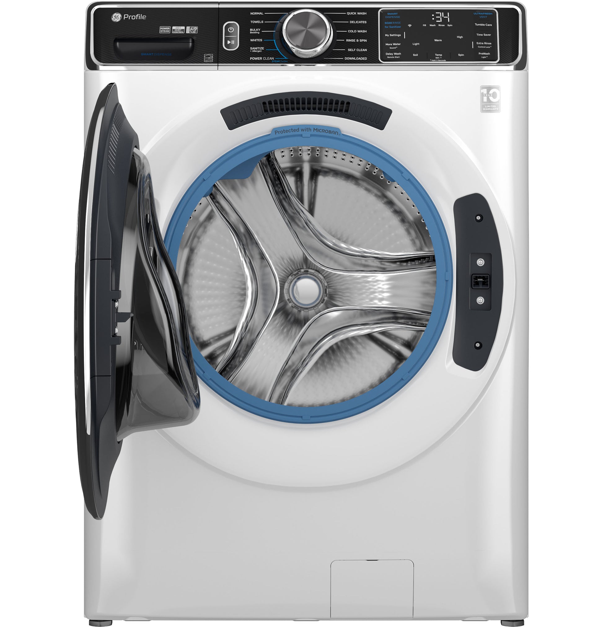 Front-load smart washer in white with open door showing stainless steel drum from Washers and Appliances collections