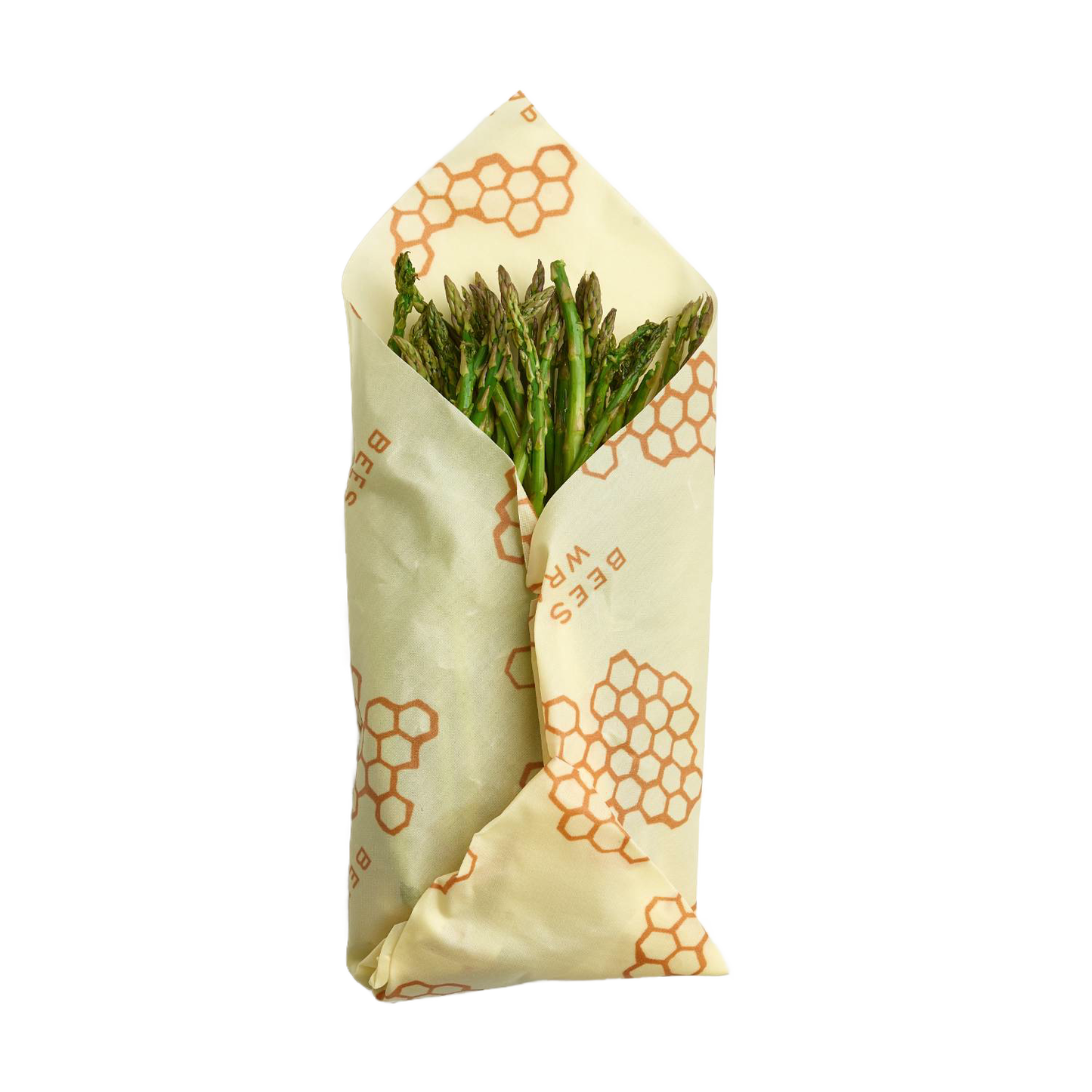 Reusable beeswax wrap with honeycomb pattern wrapped around fresh green asparagus for kitchen storage use
