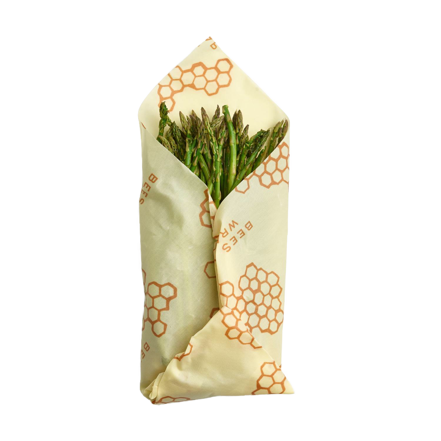 Reusable beeswax wrap with honeycomb pattern wrapped around fresh green asparagus for kitchen storage use
