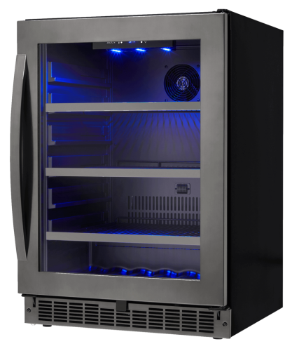 Freestanding dark tempered steel beverage center with glass door and blue interior lighting in Appliances and Beverage Centers collection