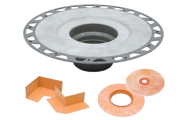 Round gray PVC drain flange with integrated bonding flange and waterproofing accessories for tile flooring under $100 collections