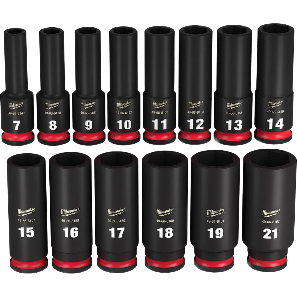 Set of black metric deep impact sockets with red accents for high torque applications in hand tools and sockets collection