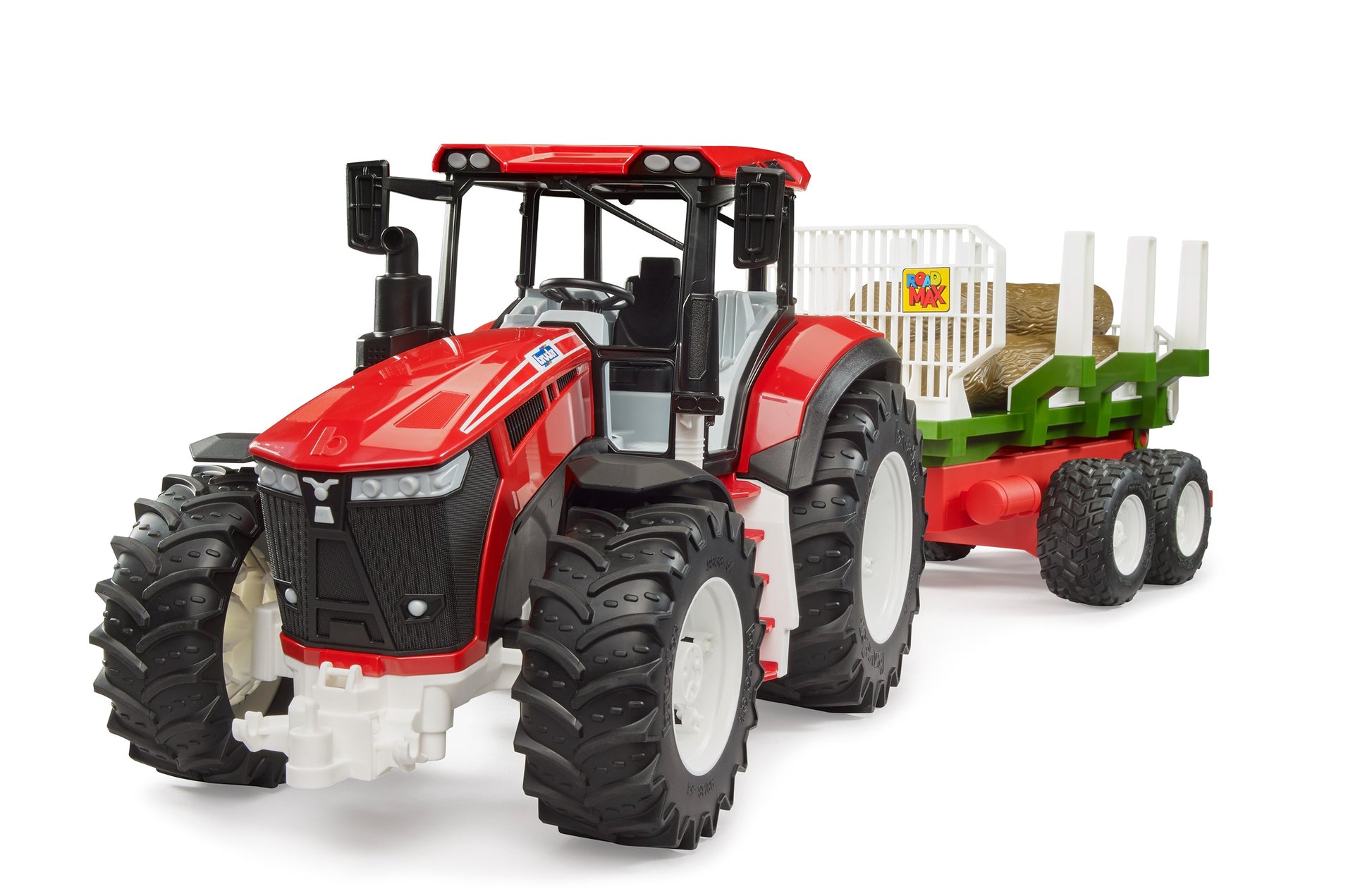 Red and black toy tractor pulling a green trailer loaded with three wooden logs for imaginative play