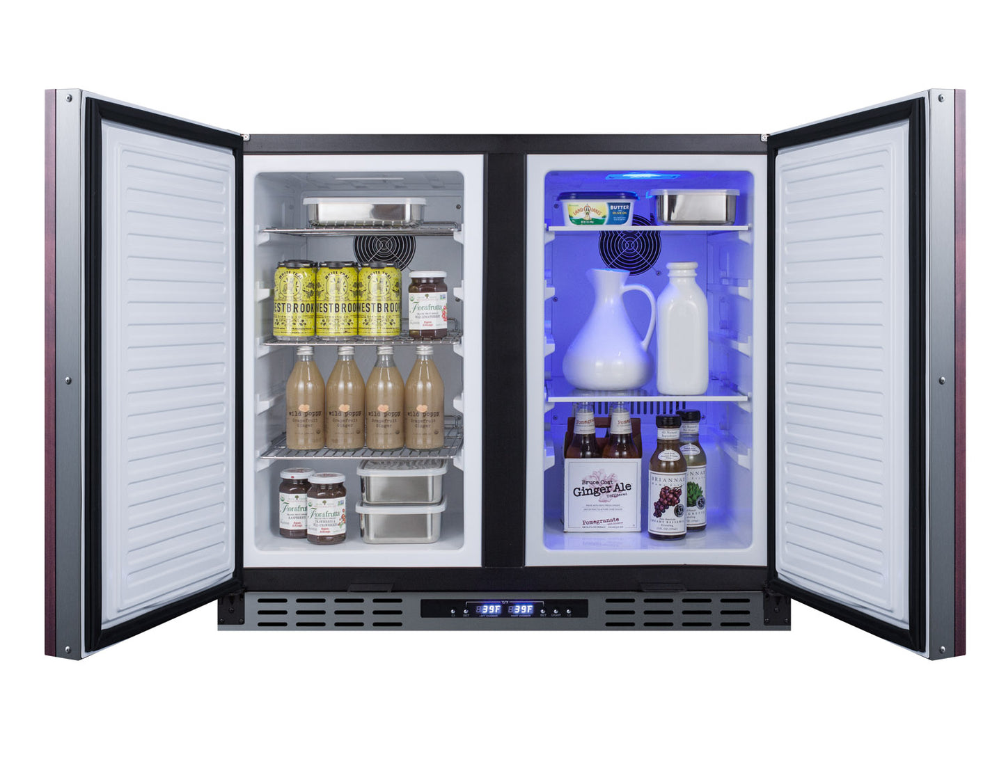36" wide built-in refrigerator-freezer with open doors showing stocked interior in kitchen appliances collection