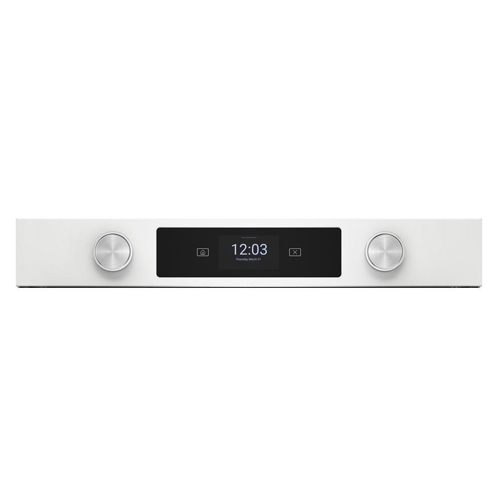 White kitchen wall oven control panel with LED display, backlit knobs, and assisted cooking features from Double Wall Ovens collection