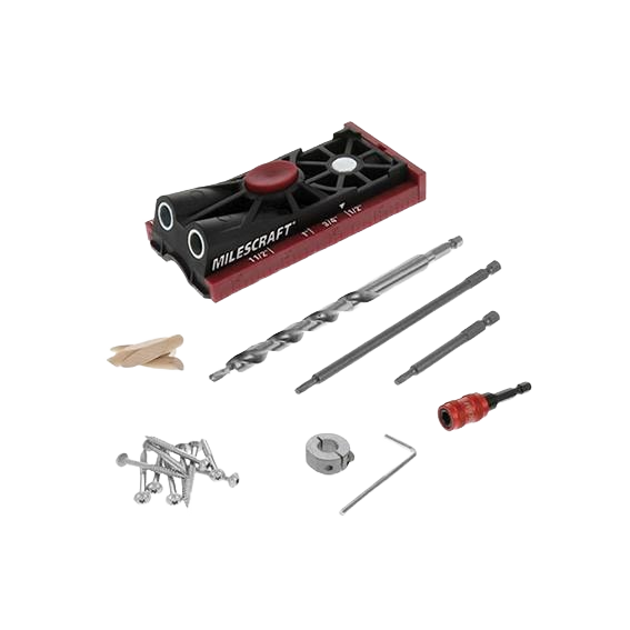 Compact black pocket hole jig with drill bits, screws, and hex key for woodworking tool accessories and home improvement.
