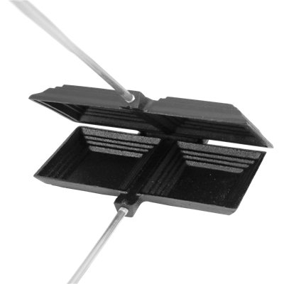 28-inch double compartment cast iron sandwich cooker with long handles for outdoor campfire cooking and tools use