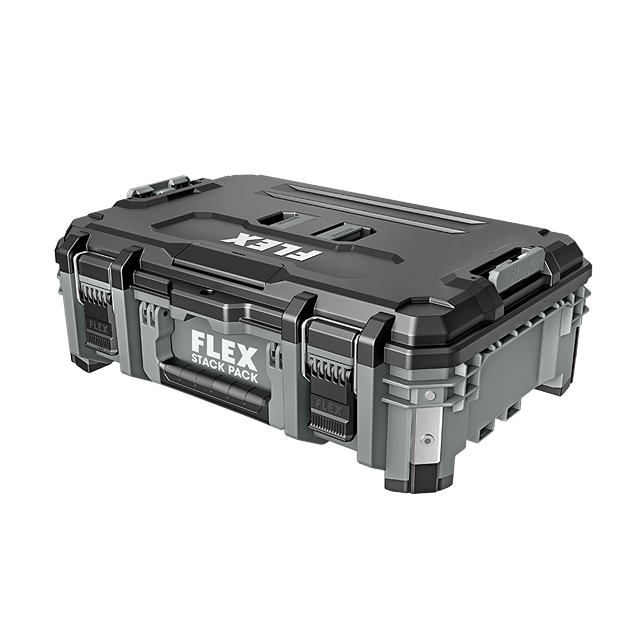 Gray and black FLEX Stack Pack™ suitcase tool box with reinforced corners for rugged tool storage and organization