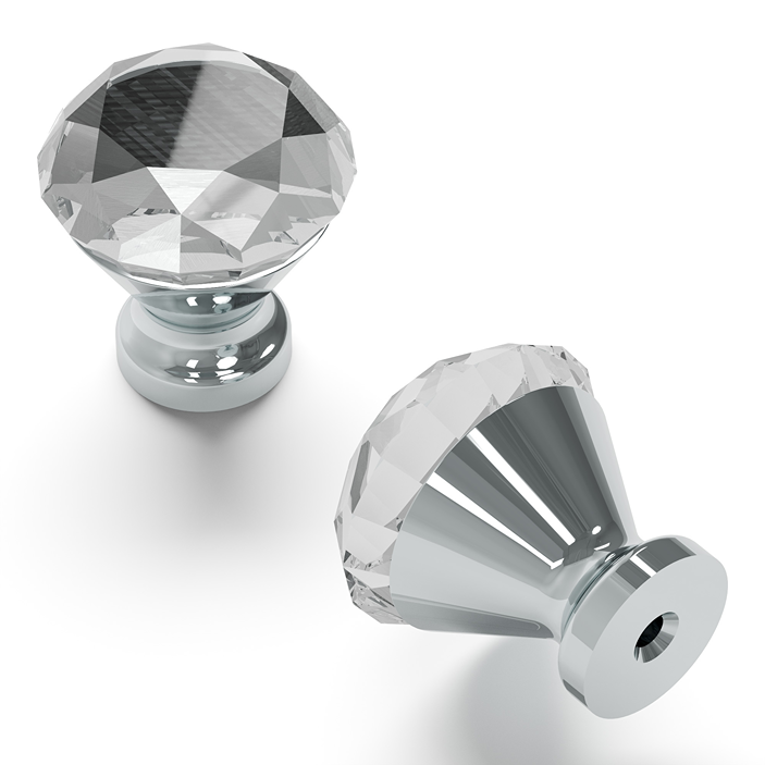 Pair of glass cabinet knobs with chrome bases for furniture hardware and home improvement projects