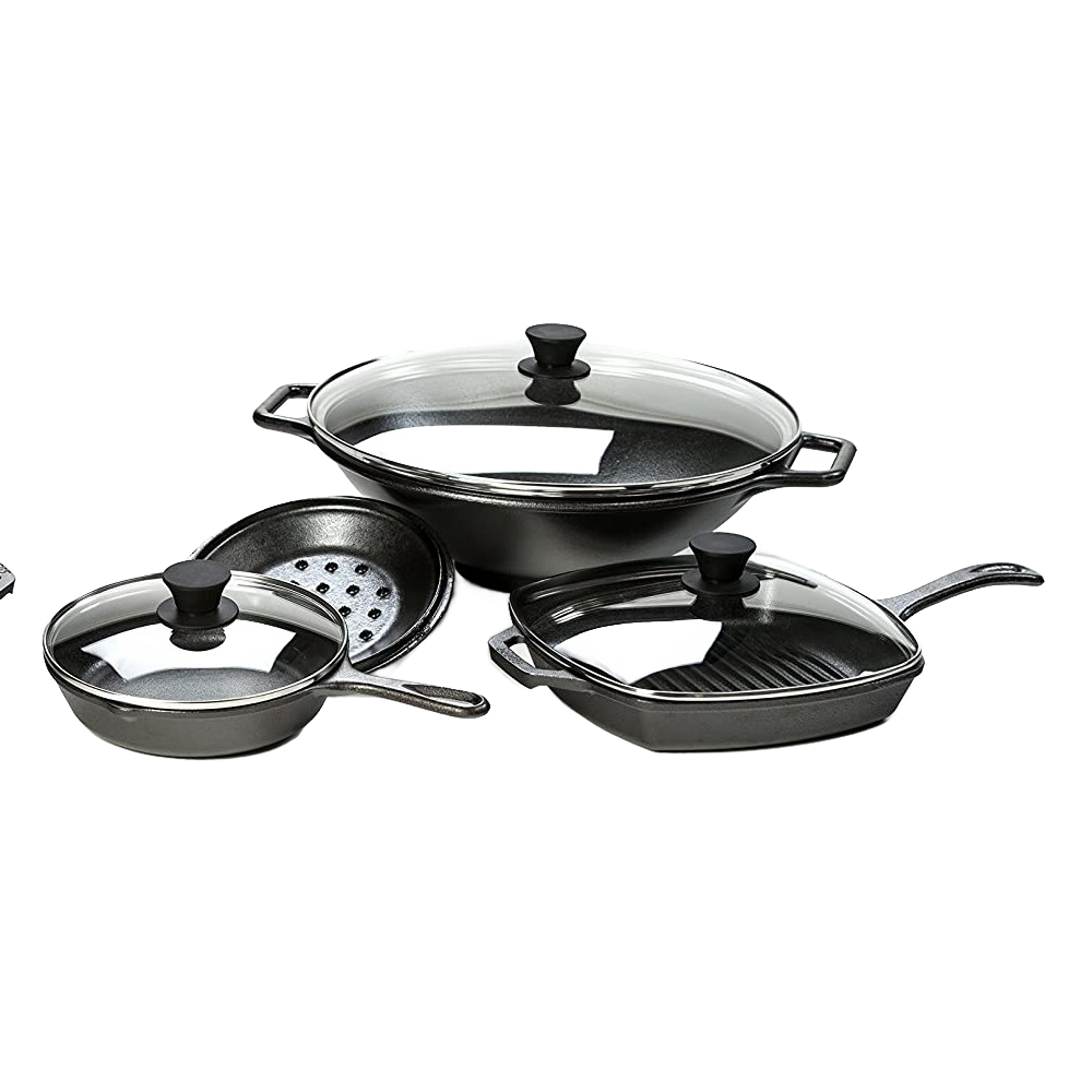Cast iron skillets and grill pans with tempered glass lids featuring black knobs in kitchenware under $50 collection