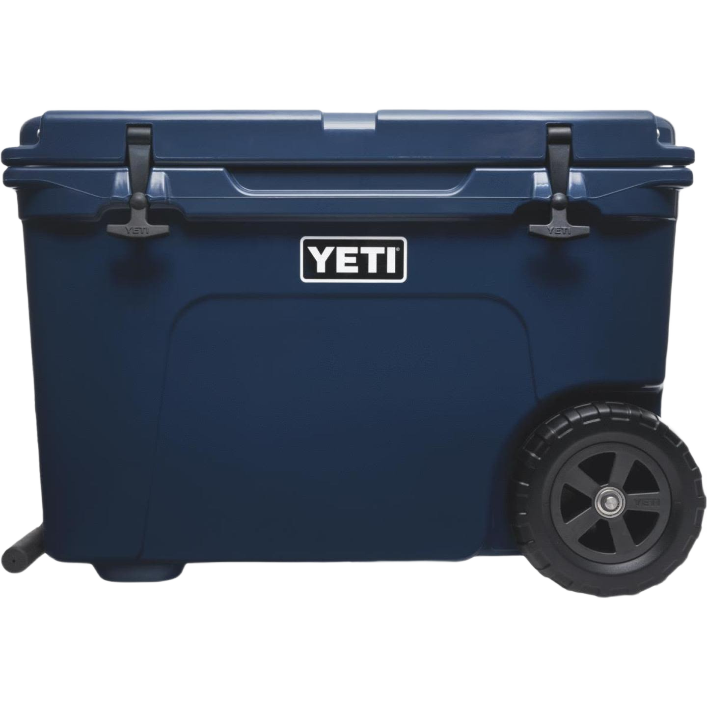 Navy blue wheeled cooler with rotomolded construction and secure latches for food storage and organization collections