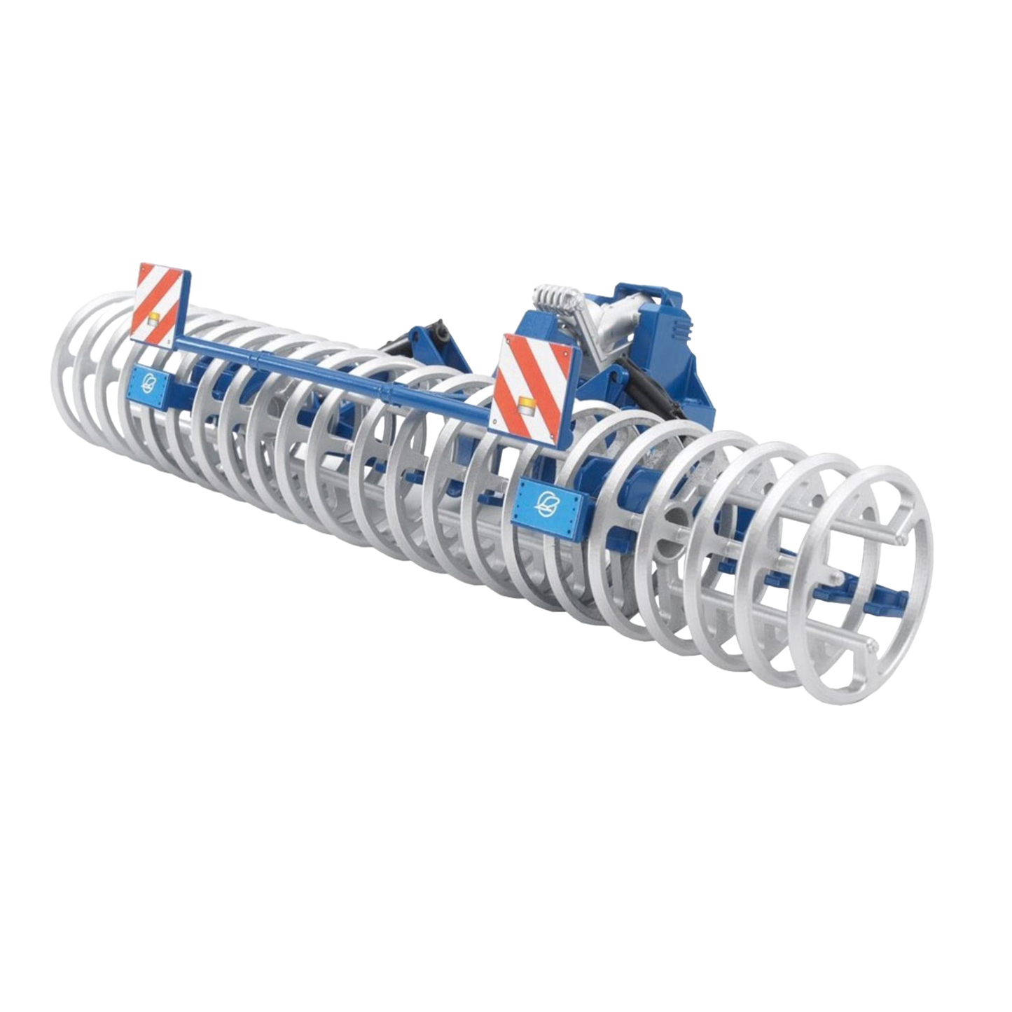 Blue and silver agricultural front furrow press model designed for soil preparation, part of Bruder Toys and Vehicles collections