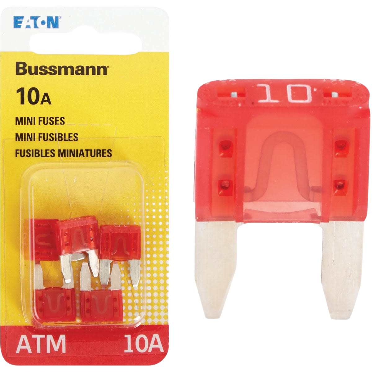 Pack of five red 10 amp mini automotive fuses for electrical protection in tools and home improvement tasks
