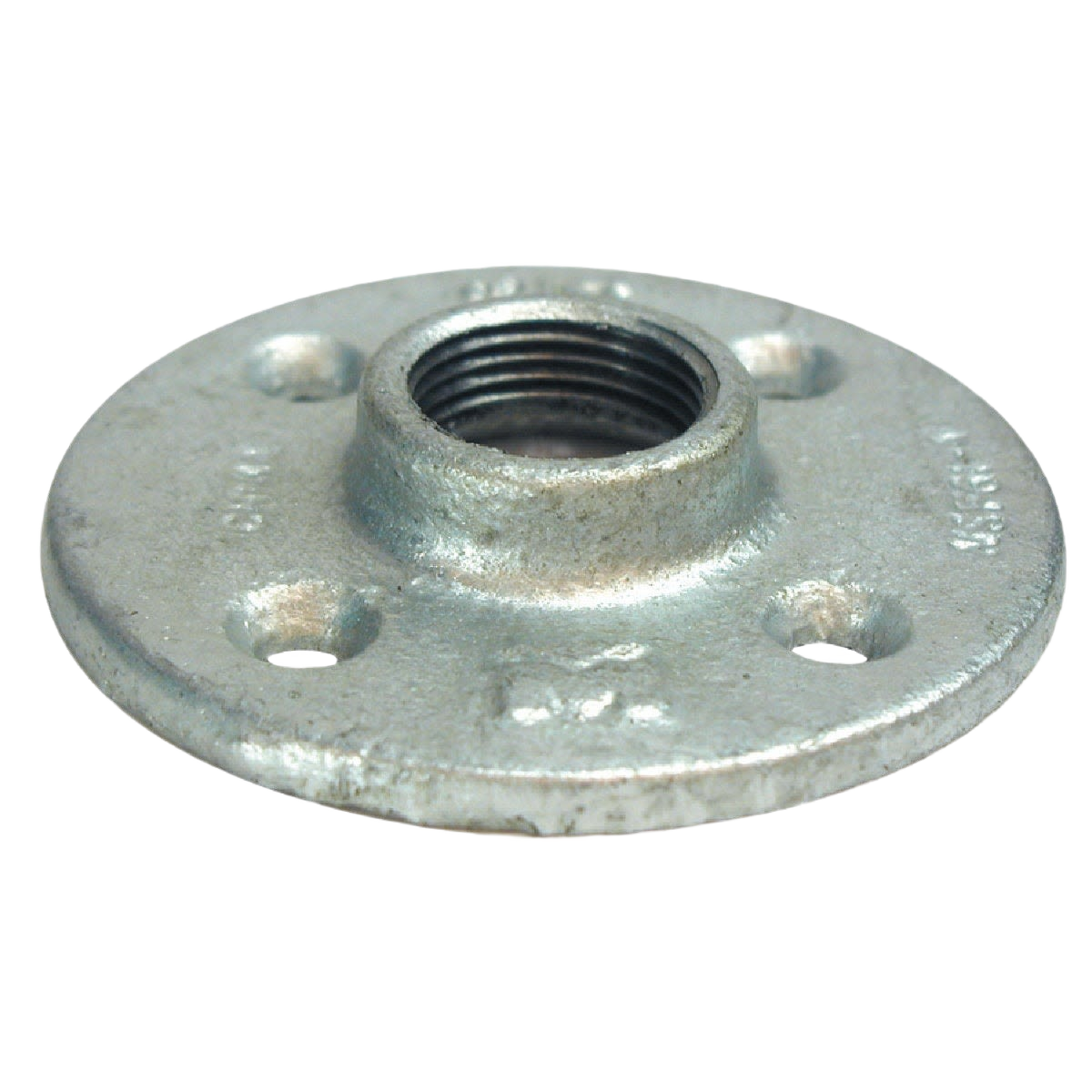 Galvanized iron floor flange pipe fitting with threaded center and four mounting holes for plumbing projects under $50