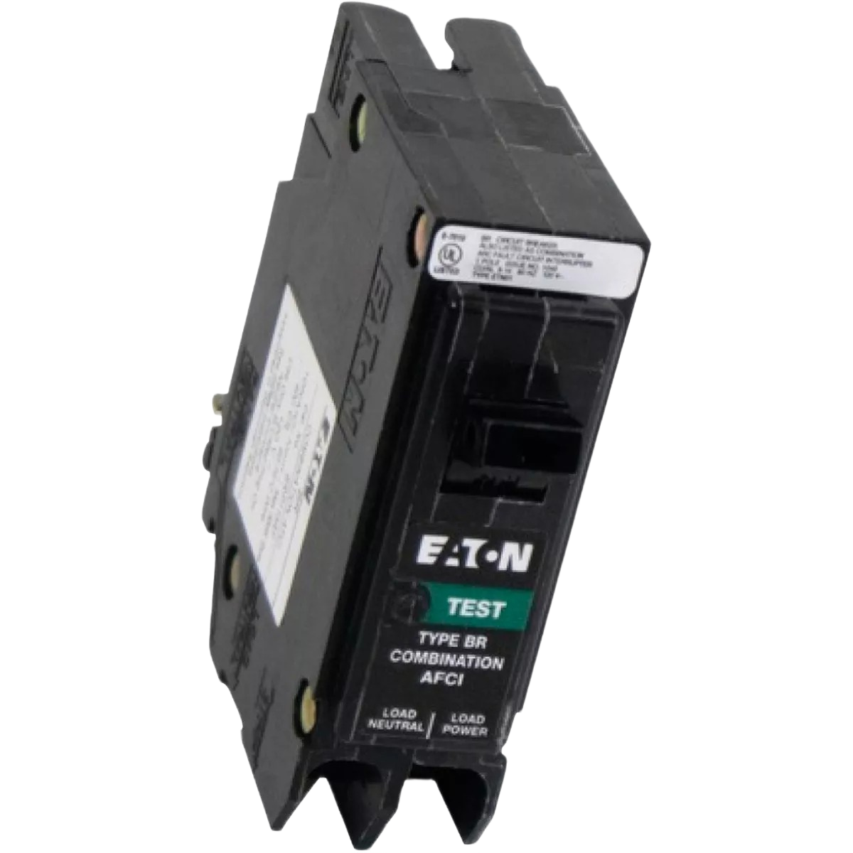 Black single-pole circuit breaker with test button and Eaton branding for home electrical safety and improvement tasks