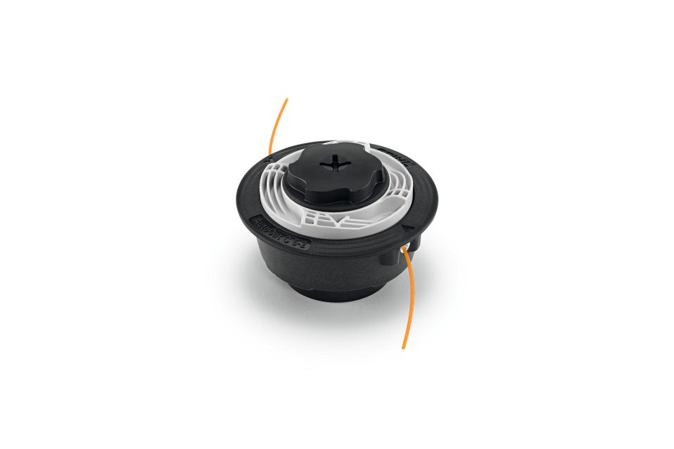 Black and white trimmer head with orange cutting line, designed for efficient outdoor trimming and compatible with STIHL tools, under $100 collection.
