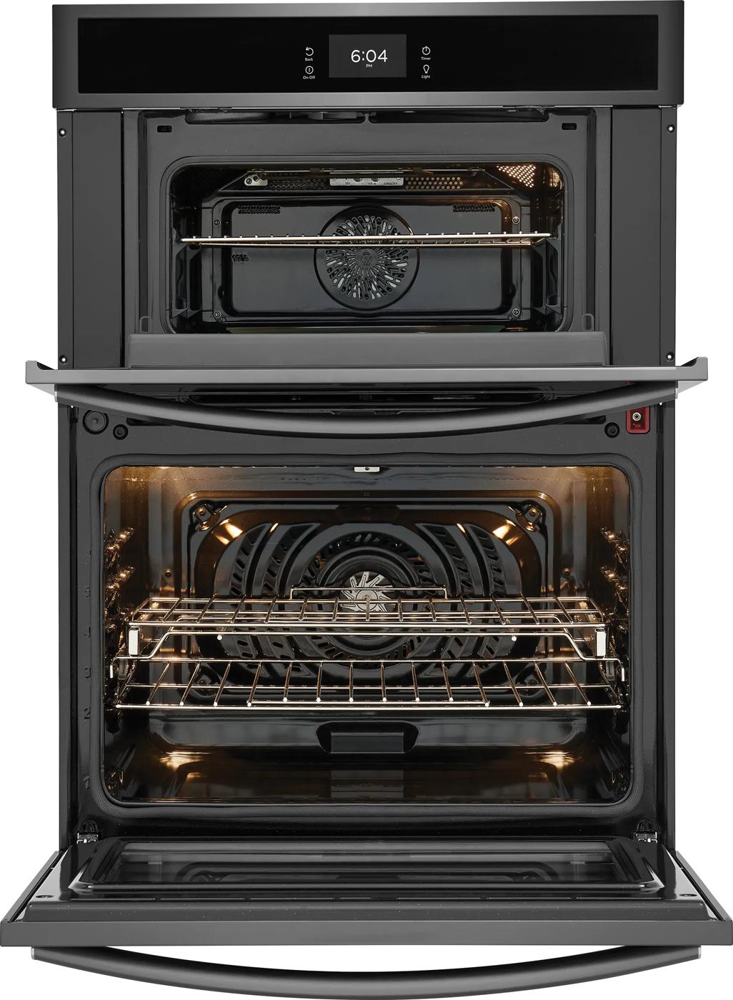 Black electric double wall oven with open doors and convection fans visible from Kitchen & Kitchenware collection